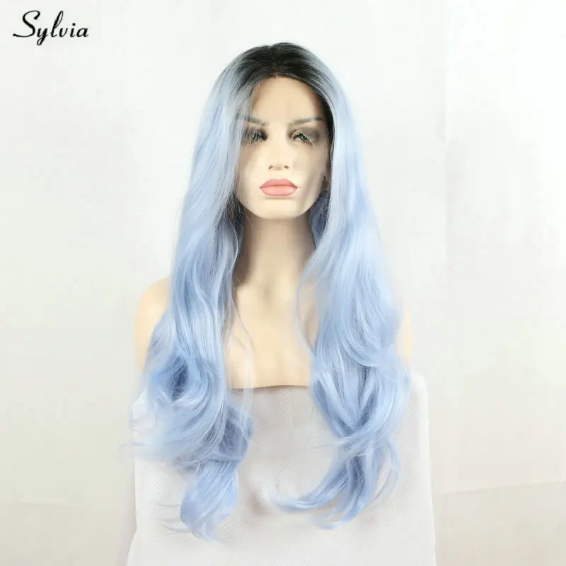 

Sylvia Synthetic Heat Resistant Fiber Lace Front Wig Dark Roots Ombre Blue Long Body Wave for Women Natural Hairline 22-26Inches