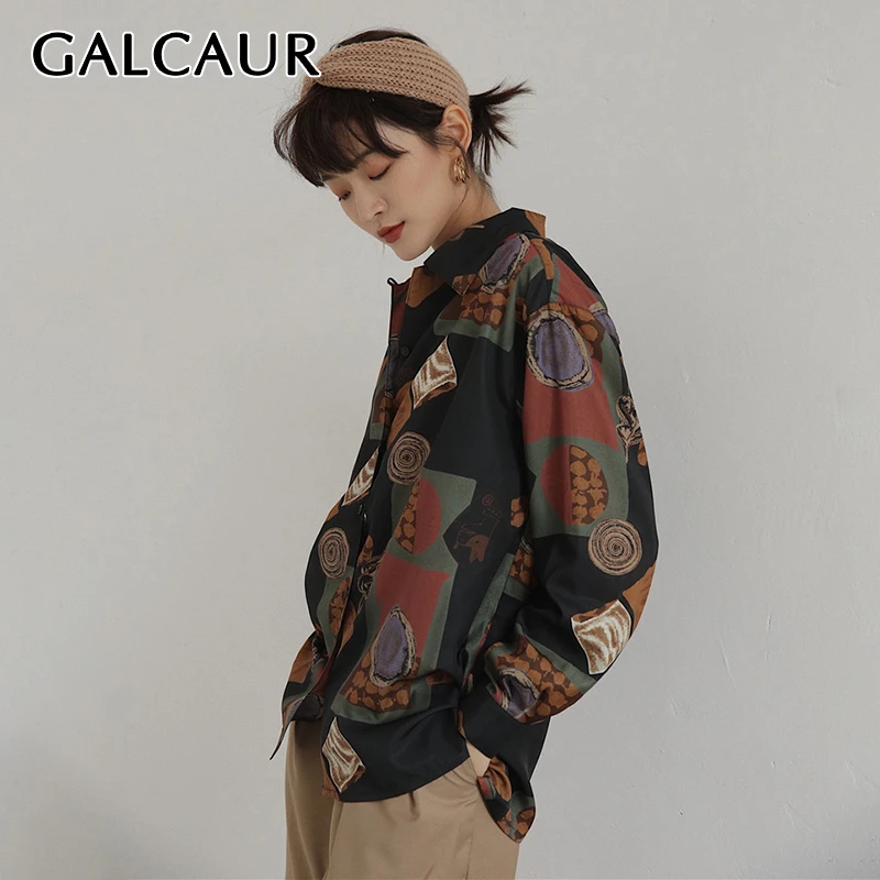 Женская рубашка с отложным воротником GALCAUR винтажная Свободная длинным рукавом