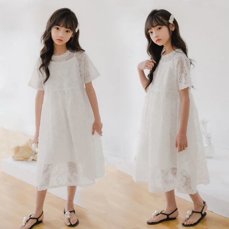 

5 To 17 Years Kids and Teenager Girls Princess Dress Children Cute Embroidered Lace Dress Summer Baby Girls Loose Dress, #8741