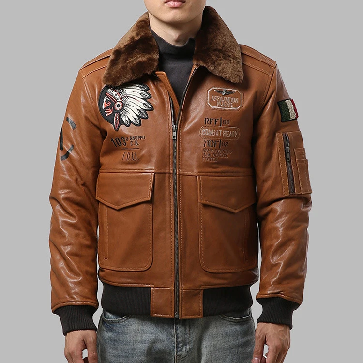 

Embroidery Indian Skull Air Flight Pilot Sheepskin Jacket For Men Casual Wool Collar Real Leather Coats Male Winter Overcoat 4XL