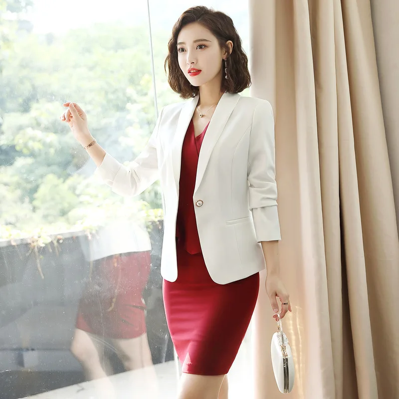 2019 белый костюм + платье двухсекционная юбка Женский офисный женские офисные