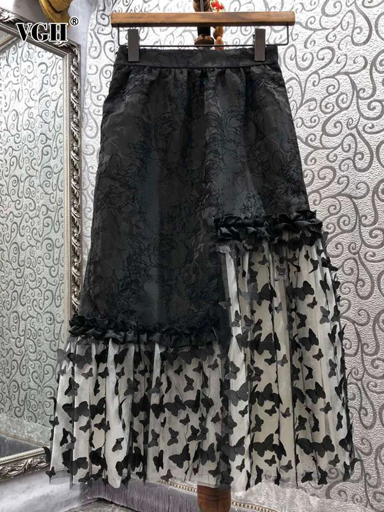 

Женская Асимметричная юбка средней длины VGH, черная элегантная сетчатая юбка составного кроя с высокой талией, трапециевидная юбка для осен...