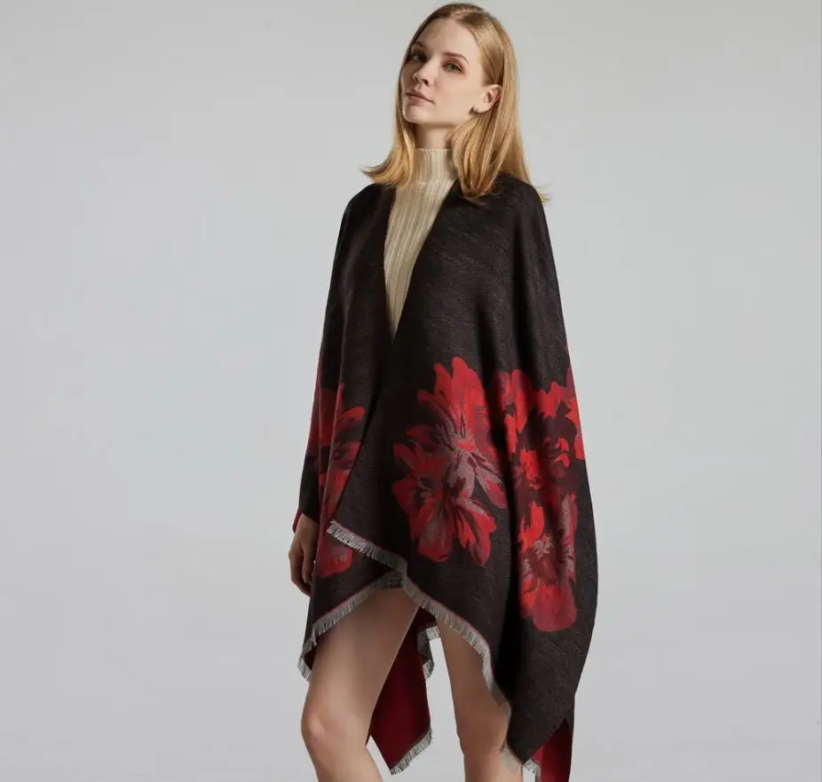 

Роскошный брендовый Зимний Теплый Пончо с большими цветами, накидки для женщин, Большие шали, палантины, толстые кашемировые женские пашмины