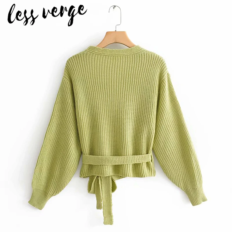 Lessverge Sexy v neck wrap green knitted sweater cardigan Women cropped autumn winter jumper Female casaul bandage slim |