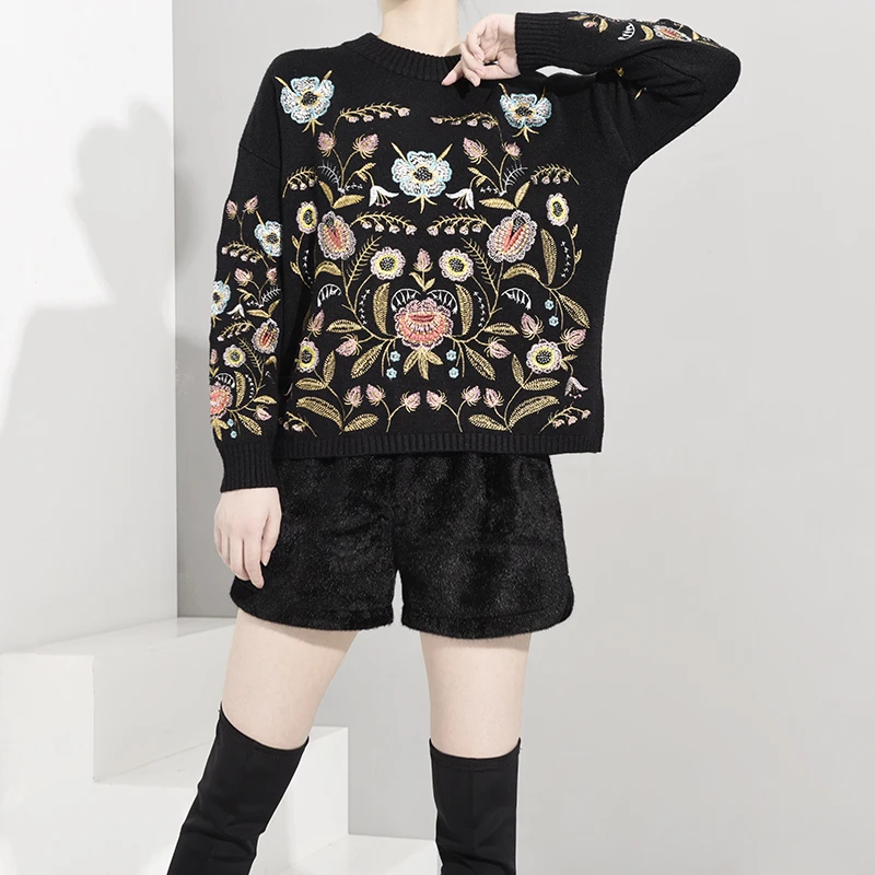 LANMREM 2020 круглый воротник топ с вышивкой цветов Свободный корейский весна осень