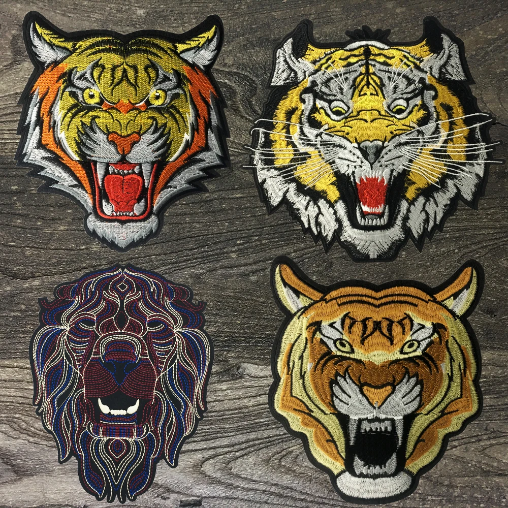 1Pcs Large Punk Embroidery Tiger/Lion Iron-on Patches for Clothing Cowboy Jacket DIY Decoration Applique Stickers Accessories