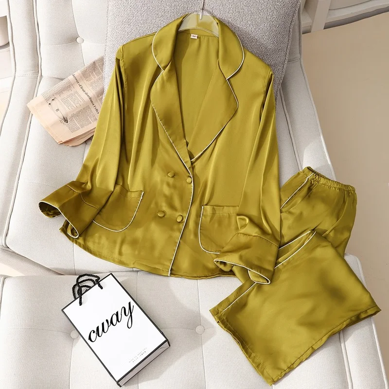 

2021 Summer Women's Pajamas Set Fashion Suit Design Solid Ginger Color Sleepwear Silk Like Leisure Home Clothes Nightwear