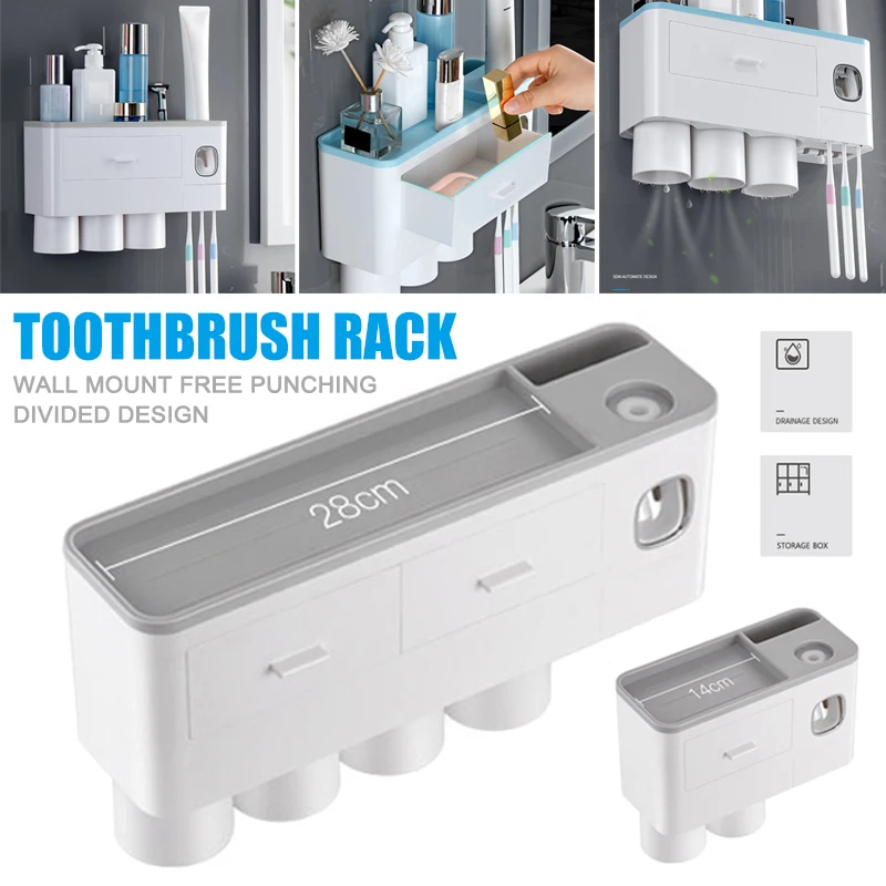 

Toothbrush Rack Toothpaste Dispenser Hands Free Toothpaste Squeezer with Cup Holder Drawer B88