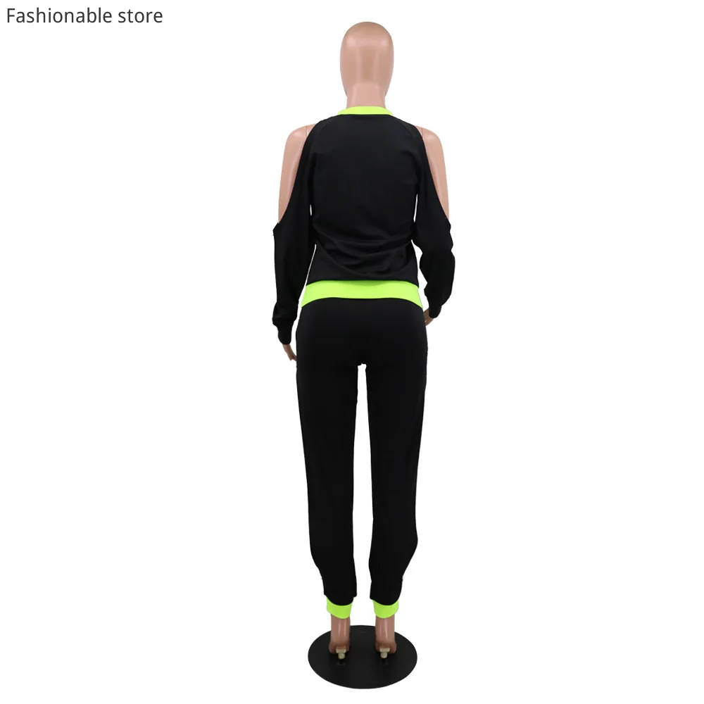 

Women Casual 2pcs Suit Long Sleeve Round Neck Cold Shoulder Beads Design Top and Side Slit Spliced Pants Set