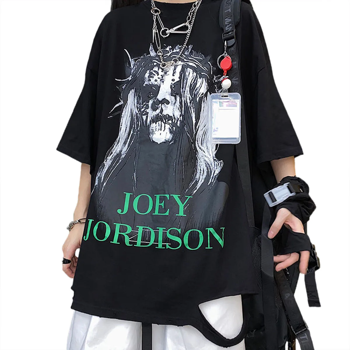 

Hip Hop Street Women's Oversized Hole Print Short Sleeve T-Shirt Summer Medium Length Versatile O-Neck Tshirt Figure Top TS034