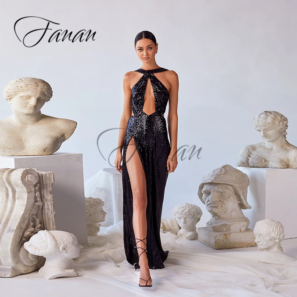 

Sexy Halter Glittery A-Line Evening Dresses Backless Front High Split Sequined Clubbing Party Gown robe de soirée femme vestidos