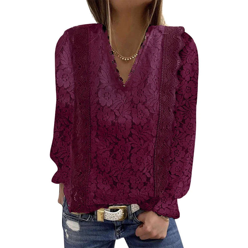 

Casual Women Slim Fit Blouse Lace V-Neck Jacquard Floral Tops Long Sleeve Pullover Classic Stylish Elegant Spring Autumn Tees