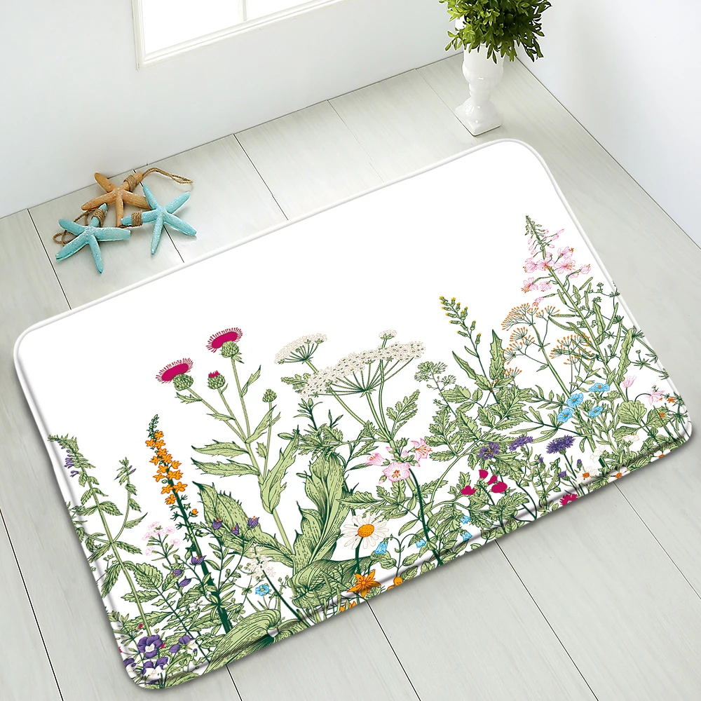 

Plant Bath Mats Green Leaves Colored Flowers Bedroom Kitchen Doormats Balcony Corridors Floor Carpets Non-Slip Foot Mat Washable
