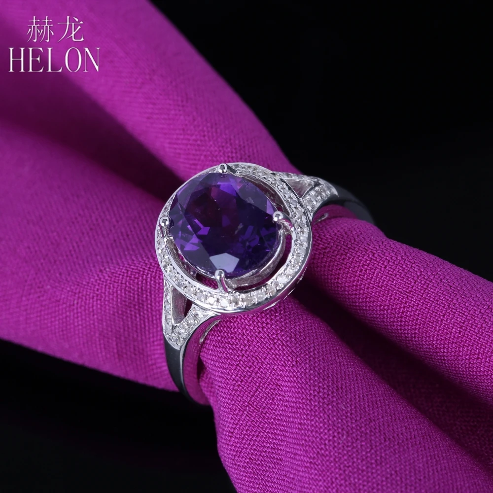 

HELON Solid 10K White Gold Flawless Oval 2.6ct Natural Amethyst Diamonds Gemstone Engagement Wedding Ring Women Trendy Jewelry
