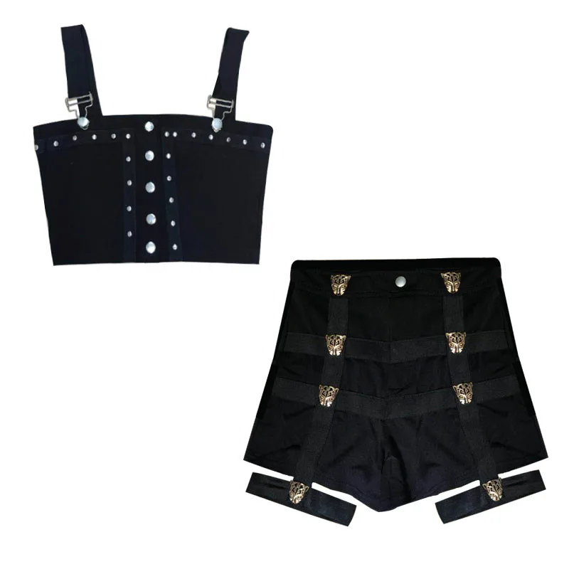 Женские сексуальные костюмы из 2 предметов черная облегающая футболка с пряжкой