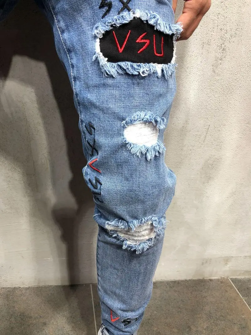 Men Jeans Fashion Letter Embroidery Stretch Destroyed Frayed Denim Pants Male Casual Skinny Blue Ripped Jeans Pantalones