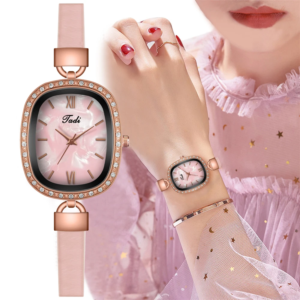 【Watch+Bracelet】Women Oval Pearl Shell Dial Watches Fashion Ladies Leather Rhinestone Quartz Roma Watch Reloj Mujer | Наручные часы