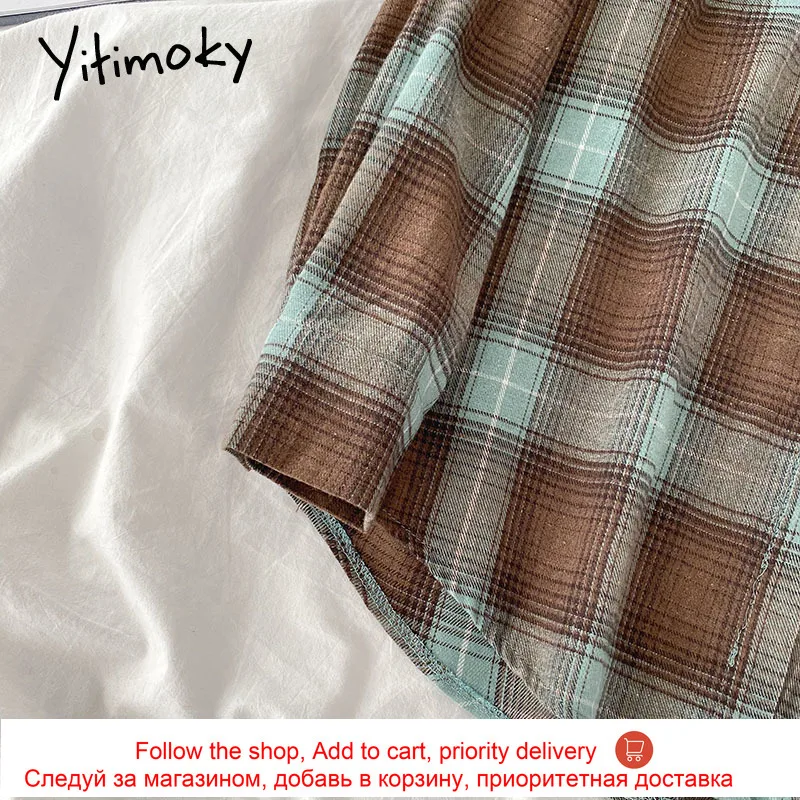 

Yitimoky Vintage Plaid Blouse Women Long Sleeve Button Up Tops Turn-down Collar Casual Shirts 2021 Spring Fashion Cotton Lady