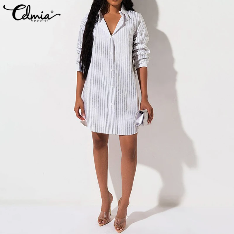 

Модные женские полосатые рубашки Celmia, осень 2021, офисные блузки, повседневные Свободные Лоскутные Топы с длинным рукавом, женские блузы на пу...