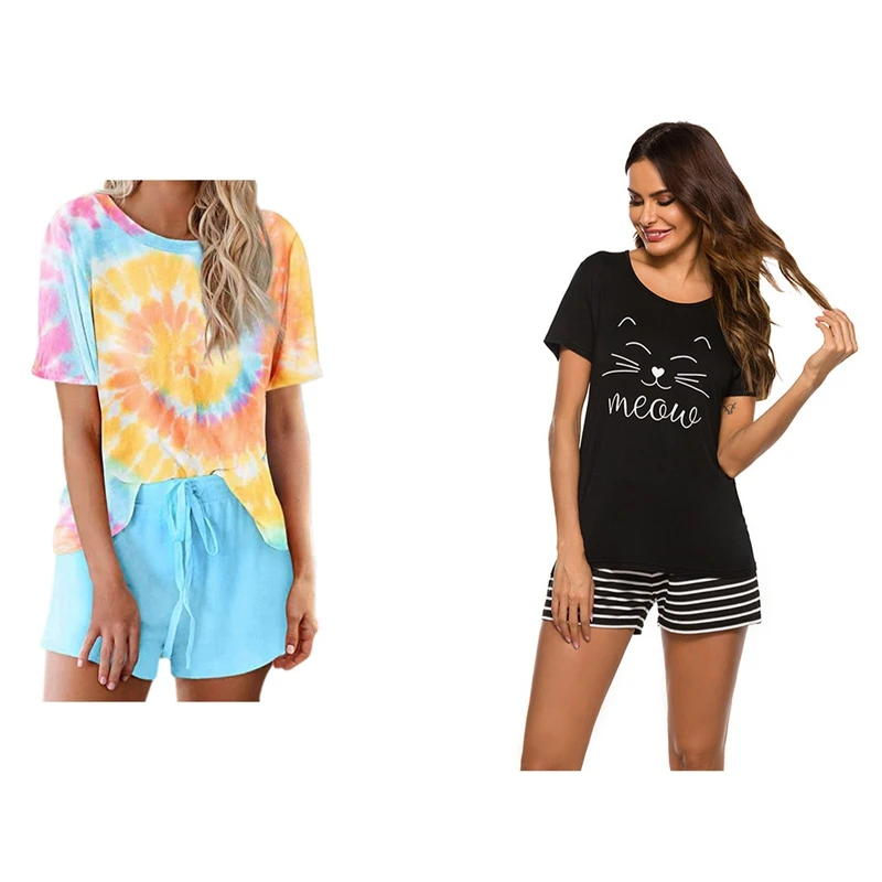 

1 Set Printing Comfortable Pajamas Women's Suit Black L & 1 Set Women Tracksuit Loose Tie Dye Colorful Clothing Set S3 L