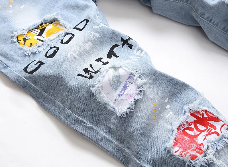 Модные мужские рваные джинсы MORUANCLE с нашивками уличные дырками Стрейчевые |