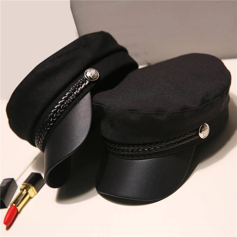 

Fashion Unisex Wool Military Hat Spring Autumn Sailor Hats For Women Men Black Flat Top Captain Cap Travel Cadet Hat