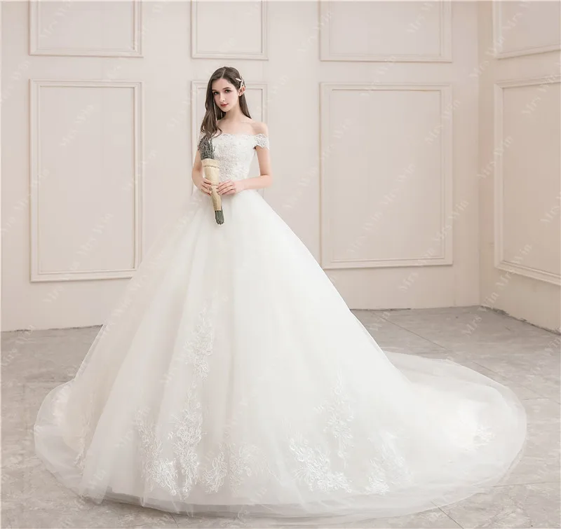 

Свадебное платье 2022 Новое Элегантное бальное платье с вырезом лодочкой и коротким шлейфом со шнуровкой роскошное платье с открытыми плечам...