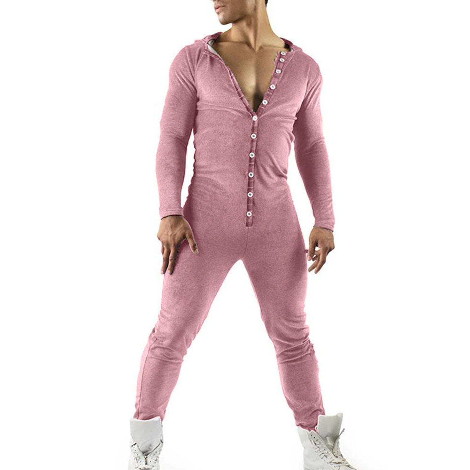 

Sexy Men's Bodycon Romper Jumpsuit Sleepwear Home Wear Long Sleeve Rabbit Ears Hooded Button Collar Long Pants Open Hip Pajamas