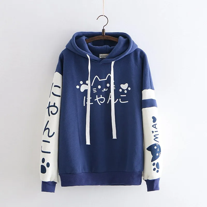 Autumn Winter New Japanese Women Harajuku Cute Cartoon Cat Hooded Hoodies Casual Women's Patch Color Velvet Sweatshirts | Женская