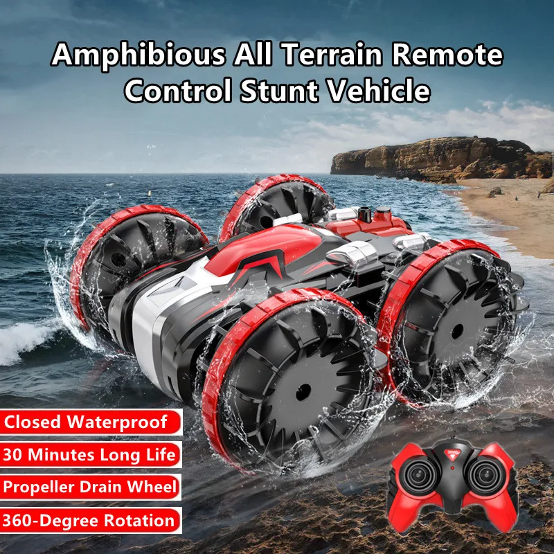 

Double-Sided Amphibious 4WD Remote Control Stunt Car 30Mins Closed Waterproof 360° Rotation Propeller Drain Wheel RC Truck Model