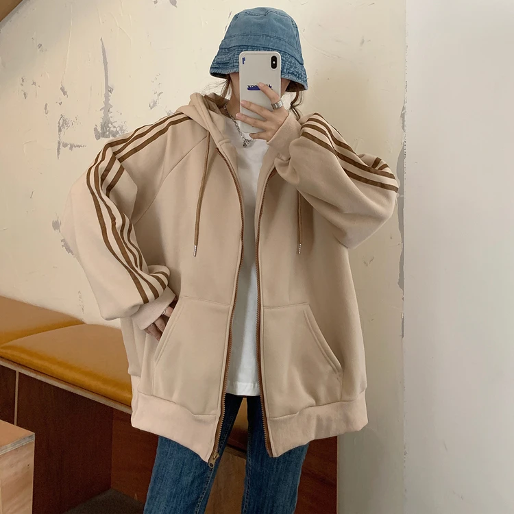 

Plus Fleece Women'S Sweatshirt Autumn And Winter Casual Fashion Hoodie Harajuku Coat Lapel Solid Color Stripes Tops Women 2020