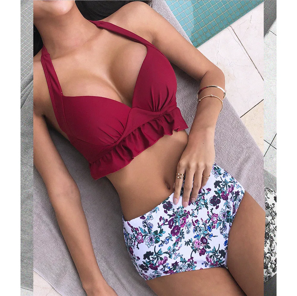 Сексуальный винтажный Ретро купальник-бикини с высокой талией пуш-ап лямкой на