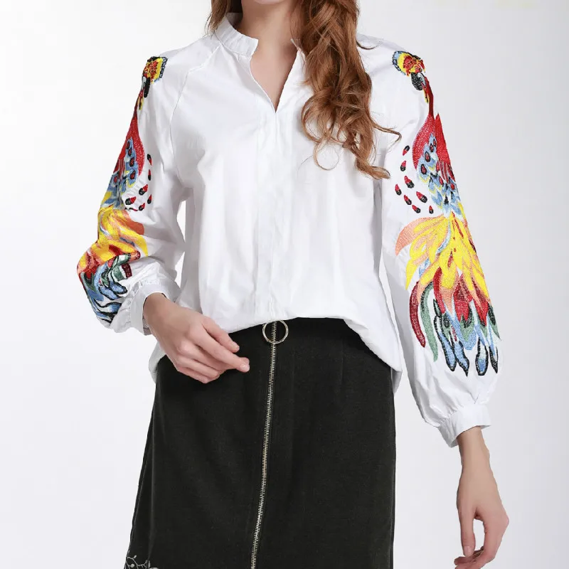 Женская хлопковая блузка с цветочной вышивкой длинным рукавом|Блузки| |