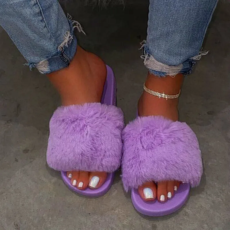 

2020 Women Spring Indoor Home Furry Slippers Warm Casual Comfortable Slippers Outdoor Wild fluffy Slippers Beach Candy Color