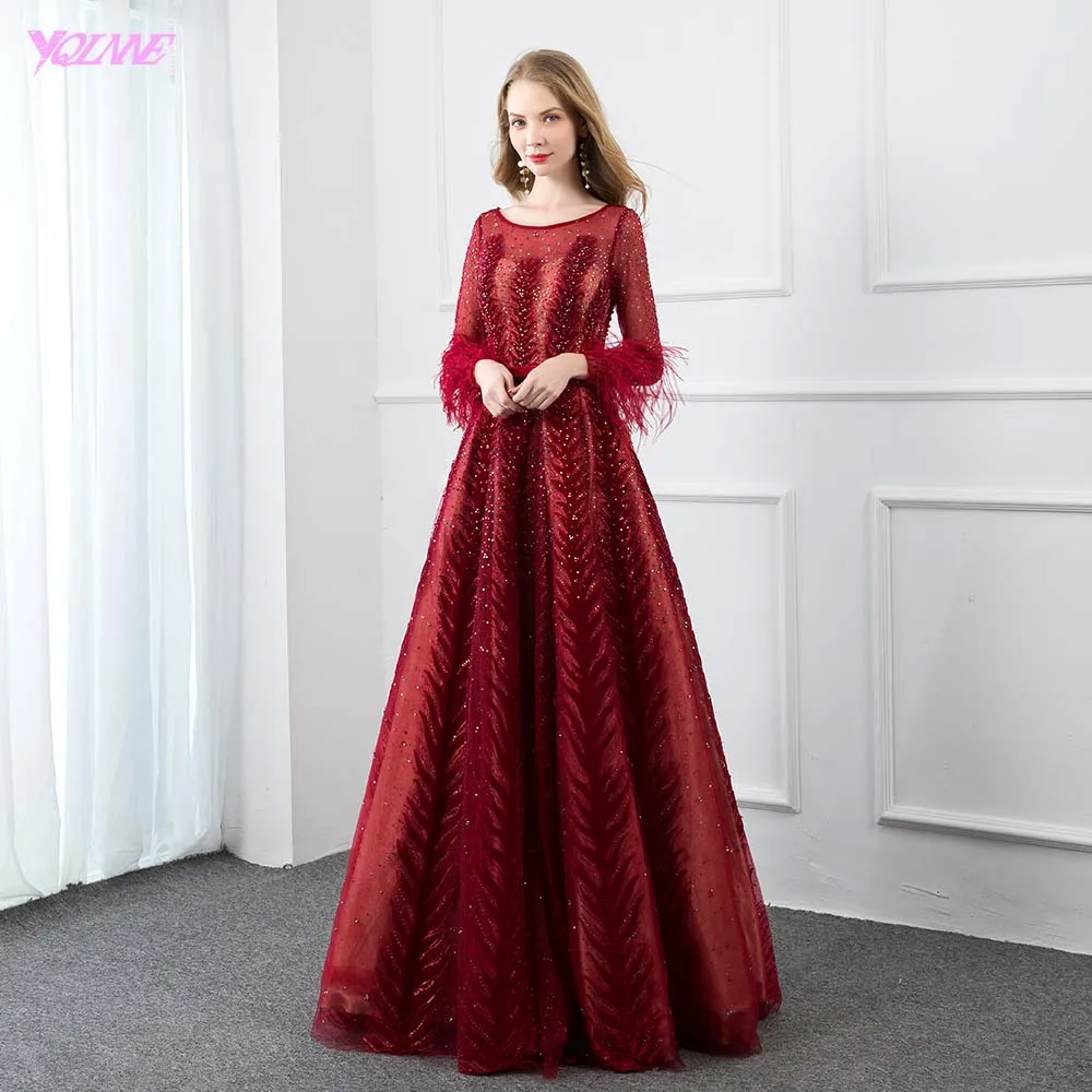 

YQLNNE Couture Wine Red Feathers Evening Dress Full Sleeve Velvet Crystal Beaded Formal Women Evening Party Gown Zipper Back