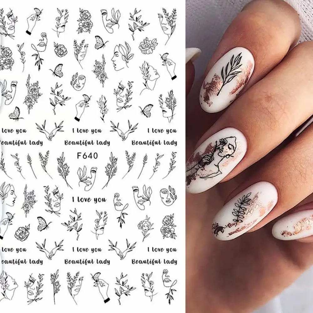 

New Hot Sale Mother's Day Series Nail 3D Nail Stickers Retro Black Line Nail Stickers Nail Decals Nail Art Decorations Nails