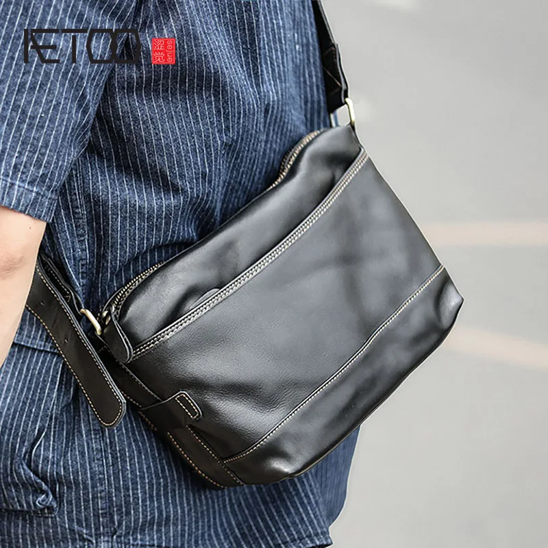 

AETOO Men's bag trend retro leather men's one-shoulder bag, leather casual stiletto bag