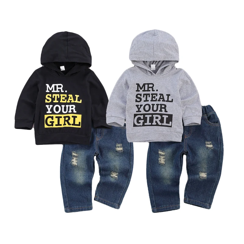 

lioraitiin 0-3years Baby Boy's Suit Hooded Black Sweater with Letter Patterns Long Blue Jeans Autumn Spring Outfit Set