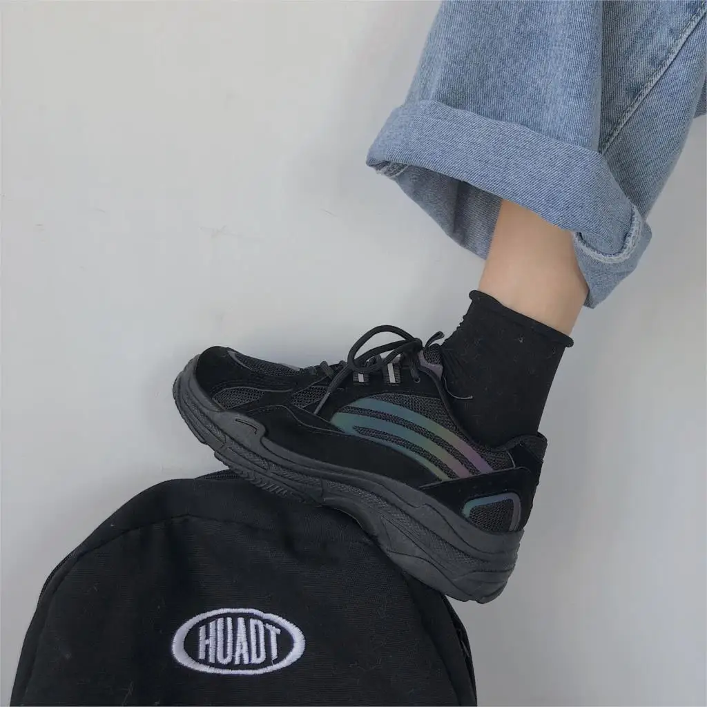 

New Single Glittering Shoes Women Thick-Soled Platform Black Increased Sneakers Sports Running Lace-Up Ladies Shoes