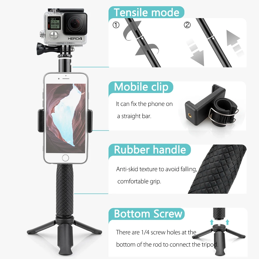 Vamson аксессуары для штатива GoPro монопод Регулируемая селфи палка для GoPro Hero 8 7 6 5 для Xiaomi Yi SJCAM для телефона VP422