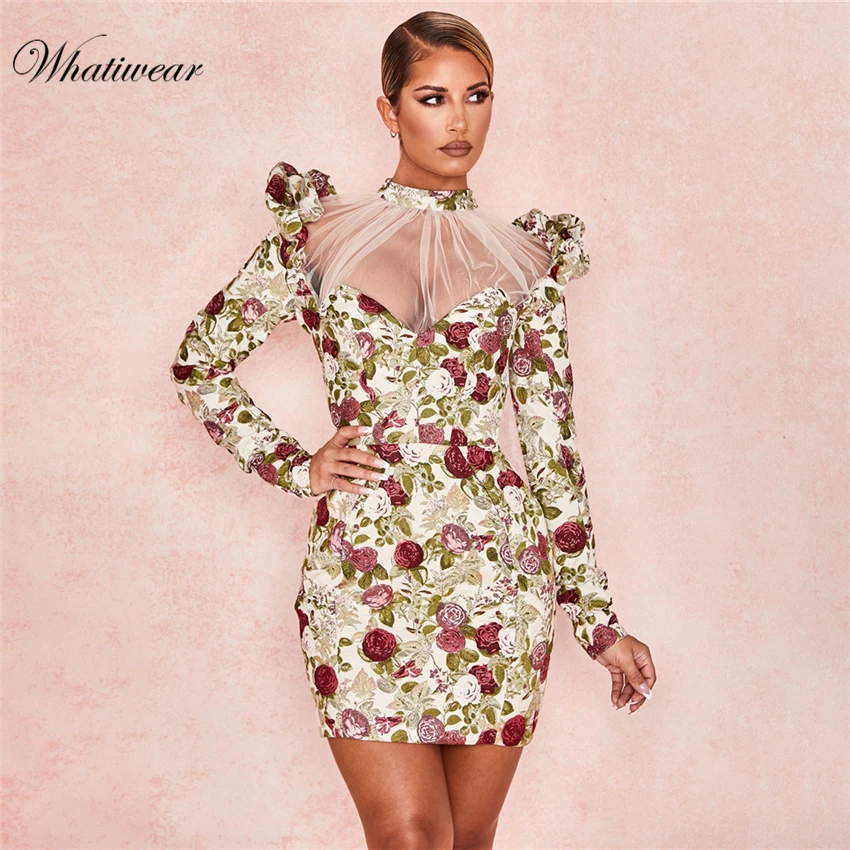 Whatiwear 2020 Summer Mini Dress Print Flower Party Streetwear Women Sexy Mesh See Though Vestidos de festa | Женская одежда