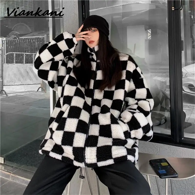 

Harajuku Loose Full Sleeve Coat Keep Warm Lambs wool Black And White Plaid Design Zipper Jacket Vintage Thicken Cotton Clothes