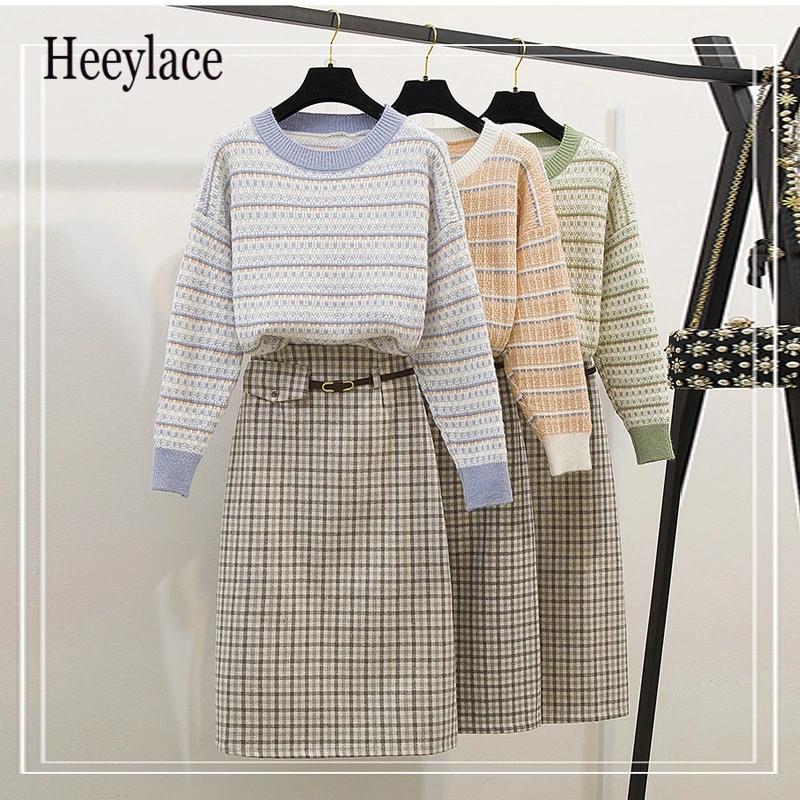 Женский модный элегантный свитер юбка наборы круглый вырез длинный рукав в