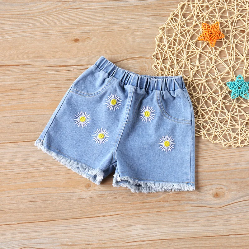 

Child Girls' Summer Plaid Short Sleeve Top + Embroidered Denim Shorts Set