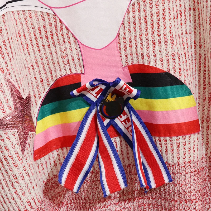 

New Fashion Autumn and Winter Women's Cartoon Bead High Collar Loose Knit Sweater Female Casual Pink Knitwear Coats