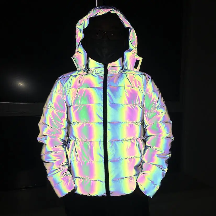 

Good quality men winter colorful reflective jacket thick warm parka women magic color reflect light shiny coat abrigo hombre