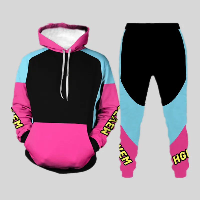

2021 Autumn Men Outfit Set Trendy Hoodie Sweatshirt Suit Stitching Retro Hooded Tracksuit Casual Long Sleeve Tops Pants 2-Piece