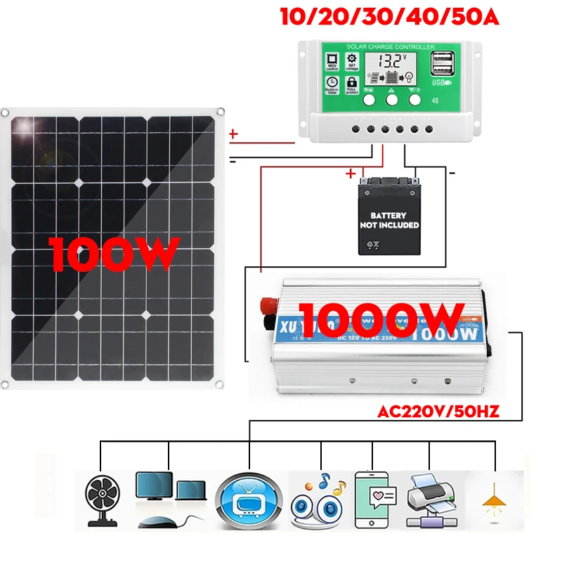 Online 100W 200W Sistem Tenaga Surya 1000W Inverter USB Kit Lengkap 10/20/30/40/50A Pengendali Panel Surya Mobil RV Pengisi Daya Baterai