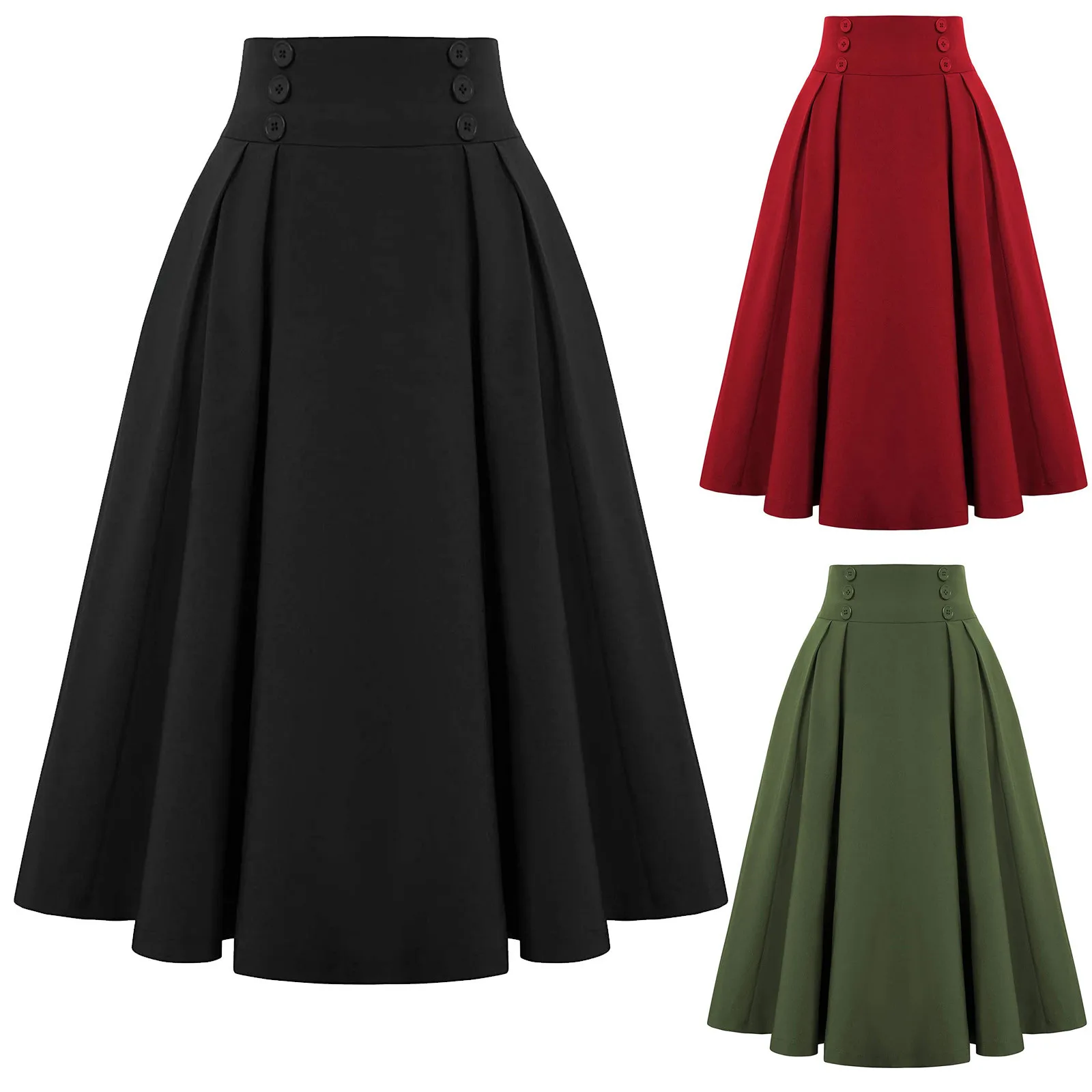 

Women Suede High Waist Midi Skirt 2020 Winter Vintage Style Elastic Ladies A Line Black Green Flare Fashion Skirt With Pocket