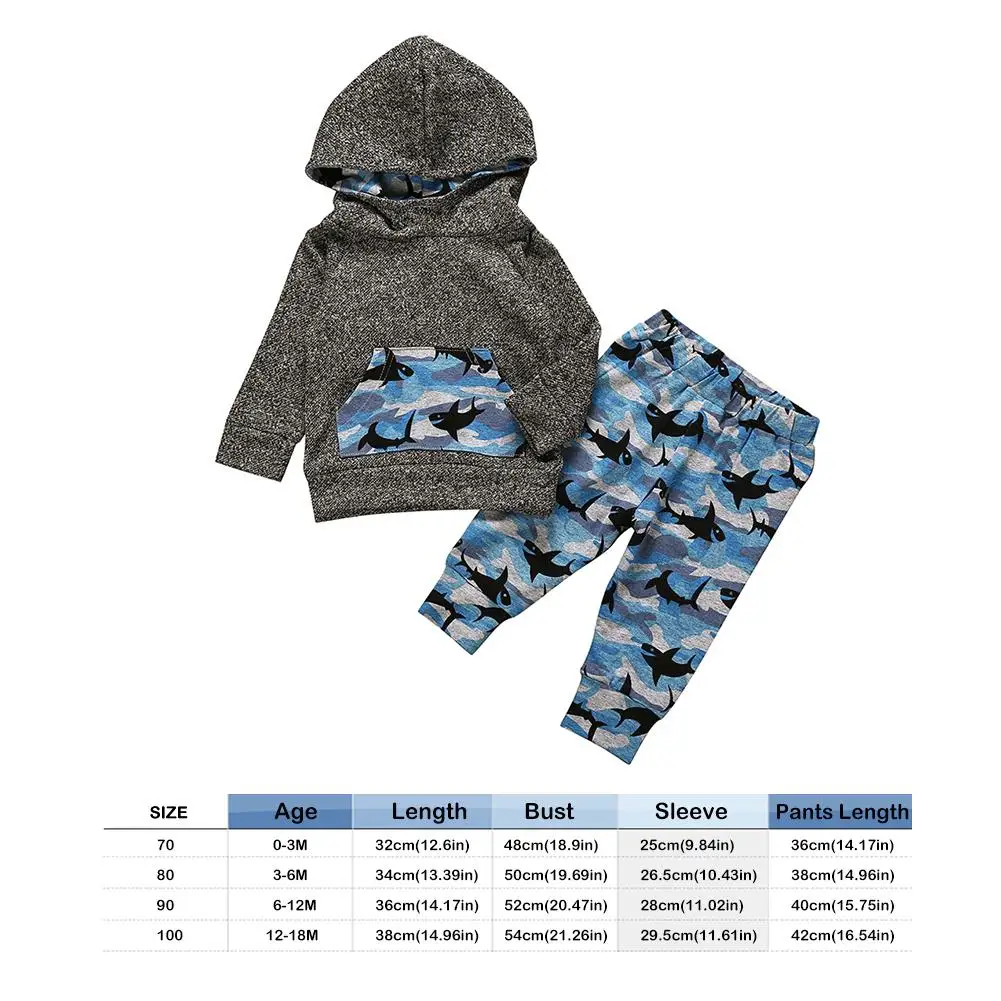 Baby Infant Boy 2pcs Sets Fashion Trend Shark Clothes Pockets Winter Personality Printing Hoodie Sweatershirt Pants
